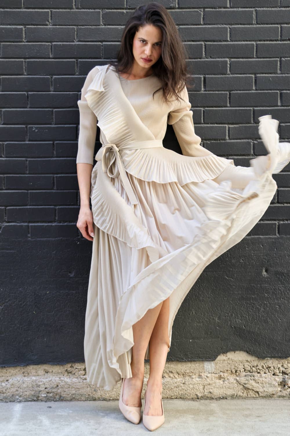 Asymmetric Micro-Pleated Ruffle Maxi Dress - image 11