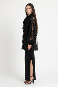 Sheer Floral Lace Tie Neck Oversized Blouse