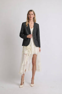 Collarless Contrast Stitched Textured Woven Blazer