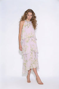 Rosette Neckline Floral Tiered Maxi Dress