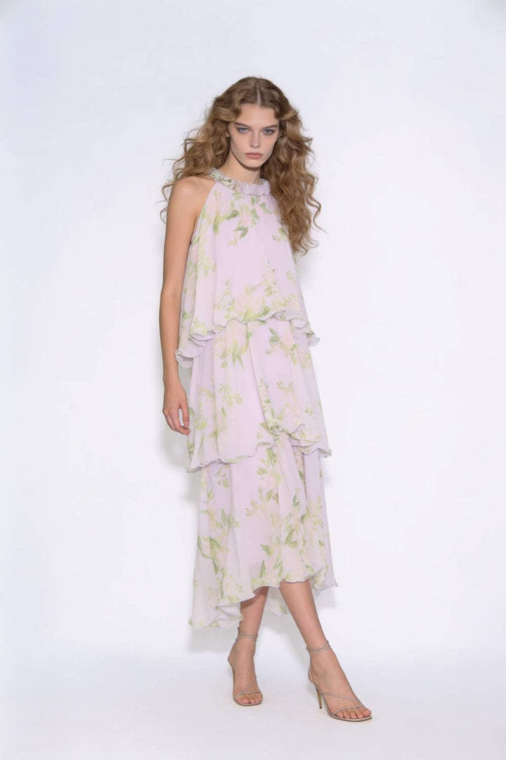 Rosette Neckline Floral Tiered Maxi Dress