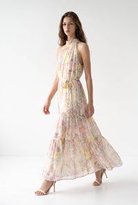 Watercolor Floral Halter Neck Belted Maxi Dress