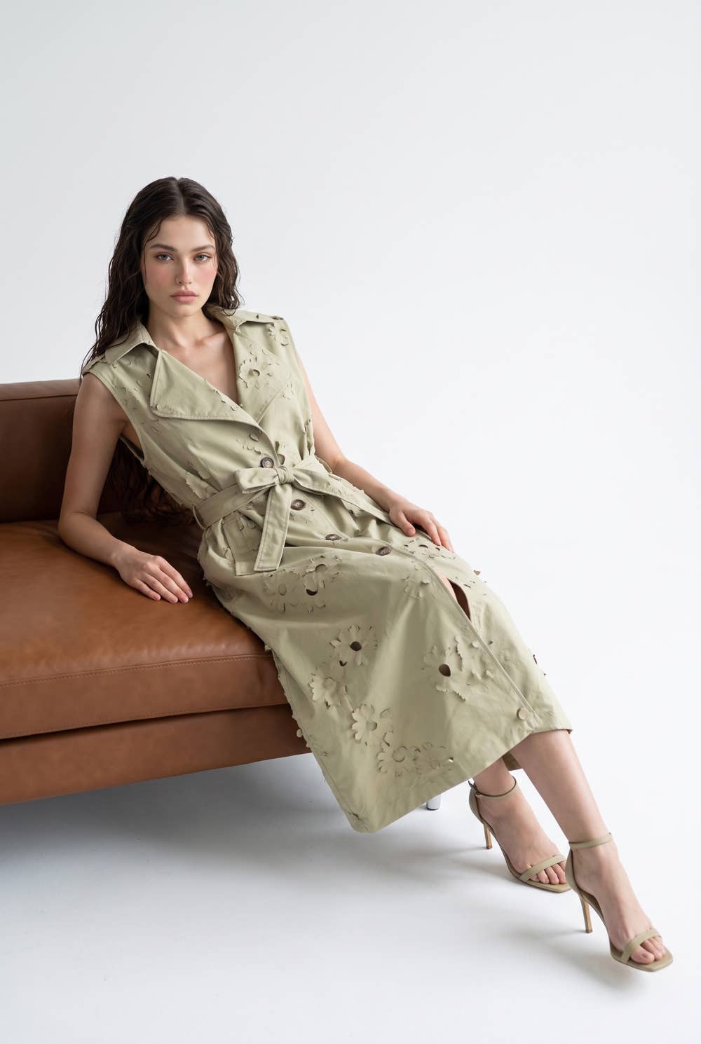 Floral Cutout Belted Sleeveless Trench Coat