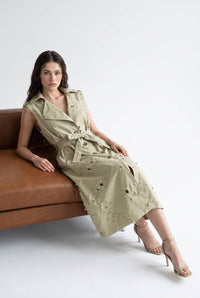 Floral Cutout Belted Sleeveless Trench Coat