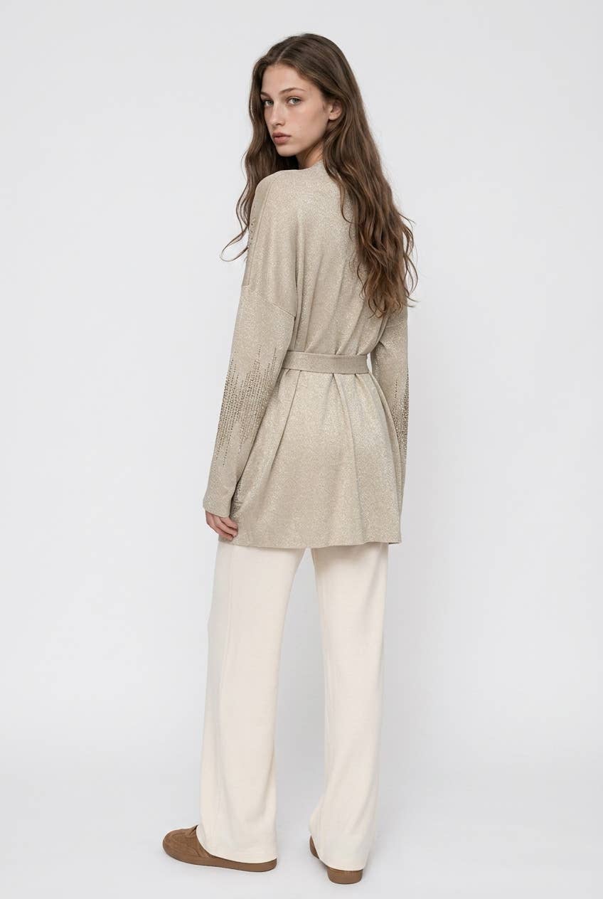 Rhinestone Embellished Shimmer Belted Cardigan