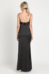 Polka Dot Lace Trim Satin Slip Maxi Dress