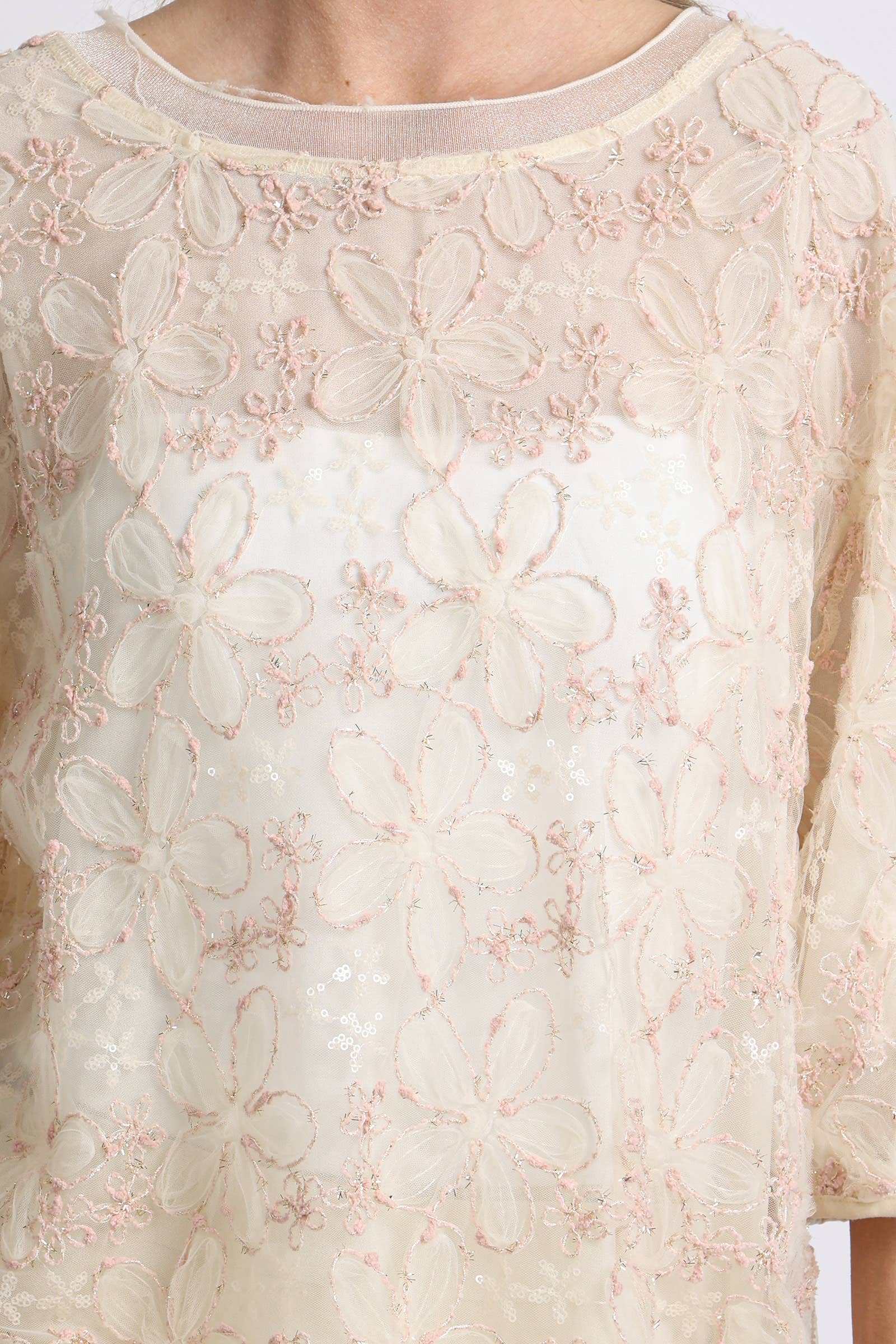 Floral Embroidered High Low Sheer Blouse
