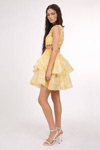 One Shoulder Caged Waist Floral Organza Mini Dress