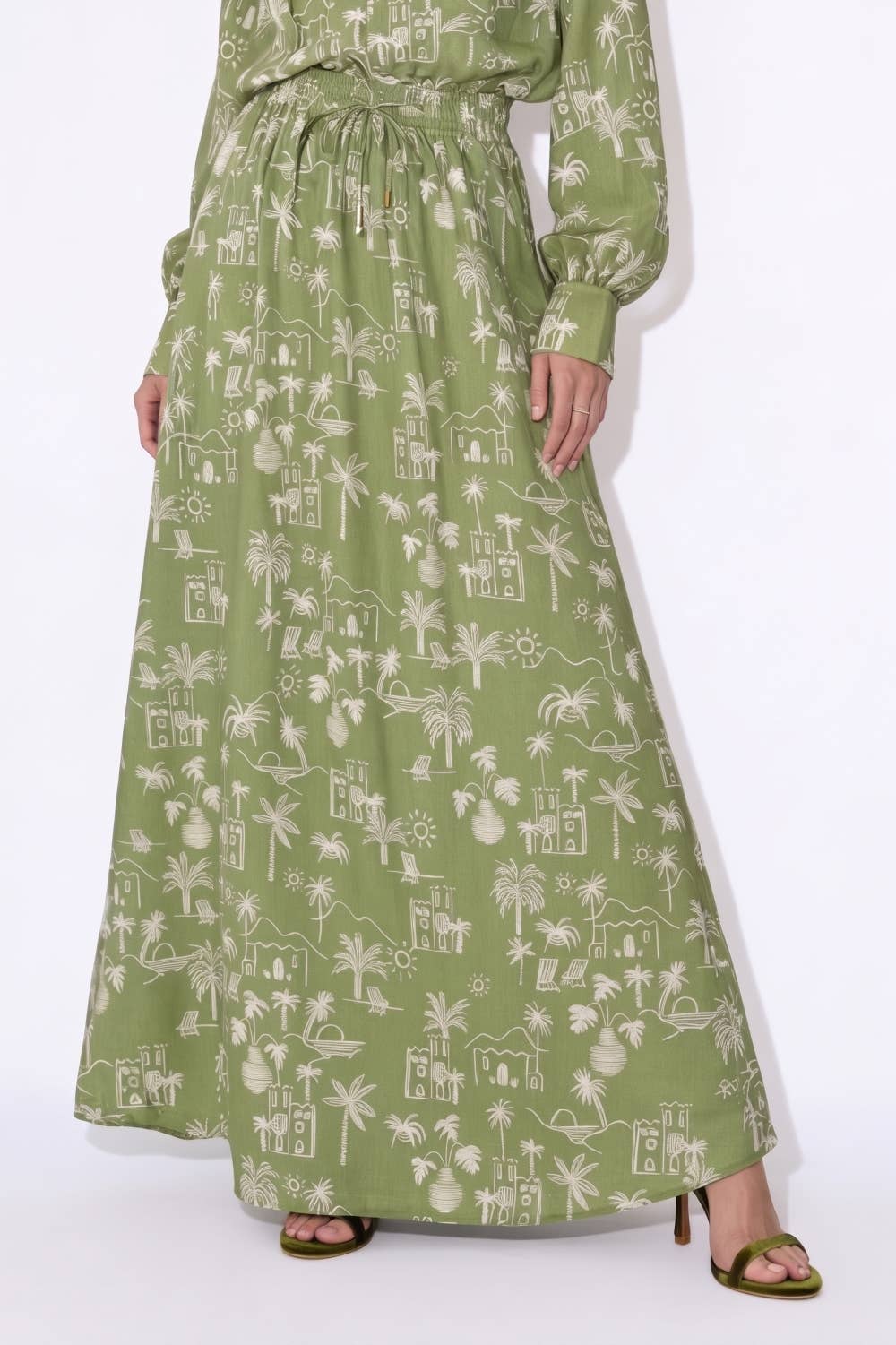 Coastal Illustrated Smocked Drawstring Maxi Skirt