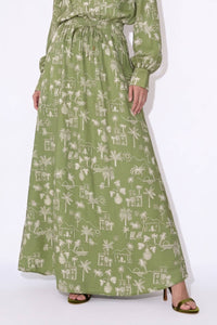 Coastal Illustrated Smocked Drawstring Maxi Skirt