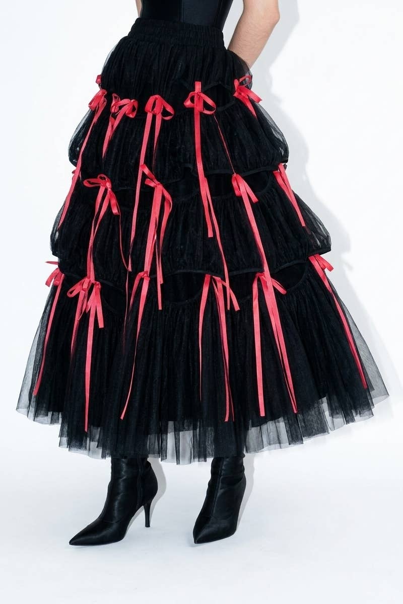Tiered Tulle Contrast Bow Midi Skirt