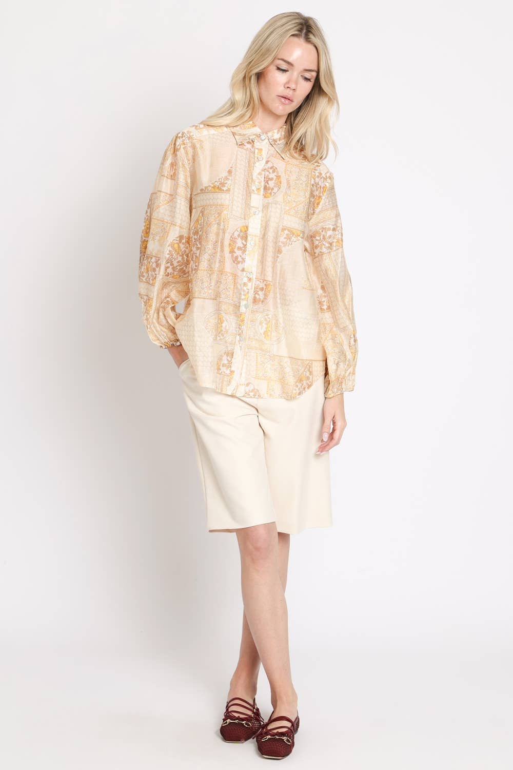 Multi-Print Sheer Button Up Shirt