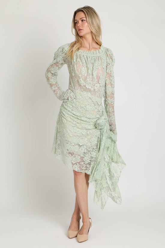 Floral Embroidered Mesh Draped Midi Dress