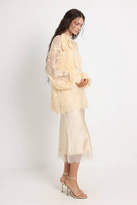 Sheer Floral Lace Tie Neck Oversized Blouse