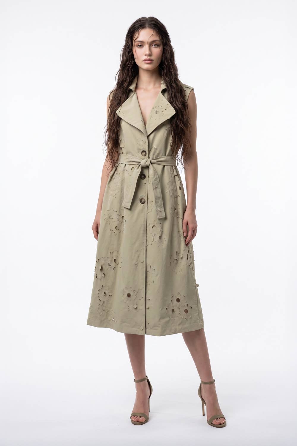 Floral Cutout Belted Sleeveless Trench Coat