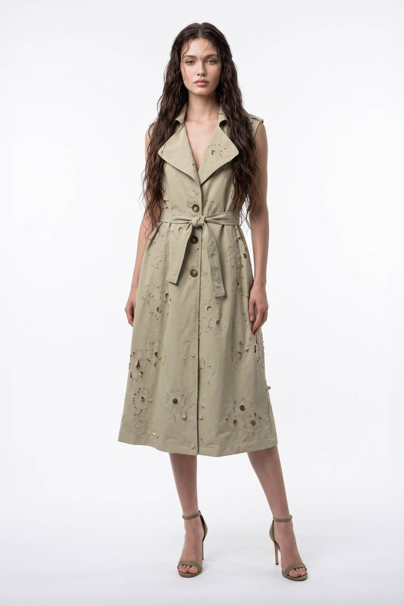 Floral Cutout Belted Sleeveless Trench Coat