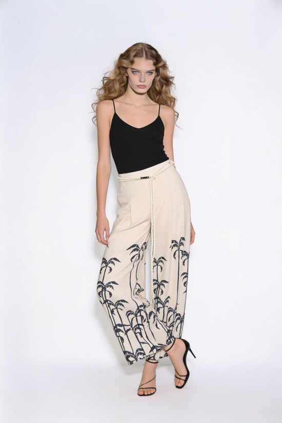 Palm Embroidered Beaded Belt Wide-Leg Trousers