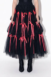 Tiered Tulle Contrast Bow Midi Skirt