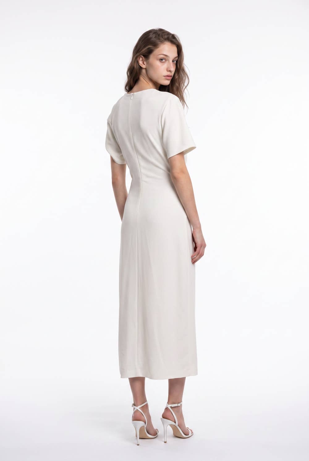 Asymmetric Ring Hardware Ruched Midi Dress