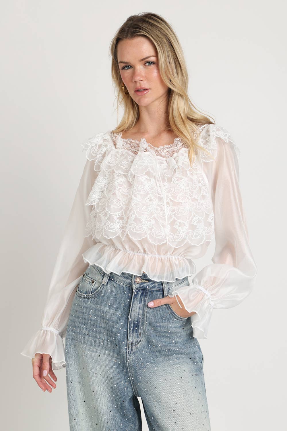 Lace Embroidered Organza Ruffle Crop Top