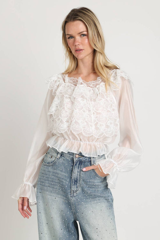 Lace Embroidered Organza Ruffle Crop Top