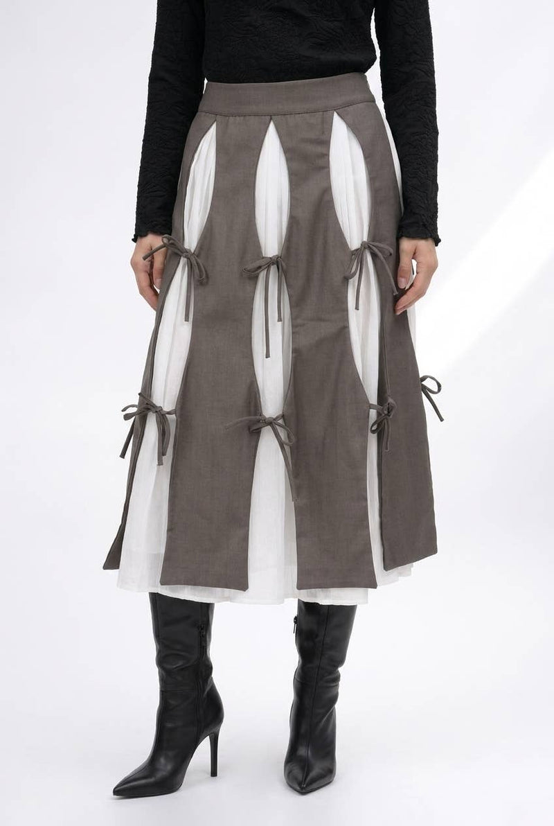 Cutout Panel Tie-Detail Pleated Midi Skirt