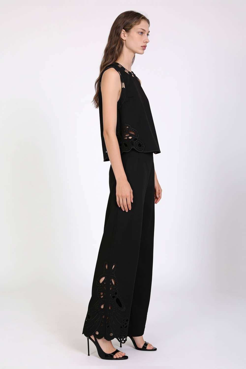 Cutout Eyelet Sleeveless Top And Wide Leg Pants Set