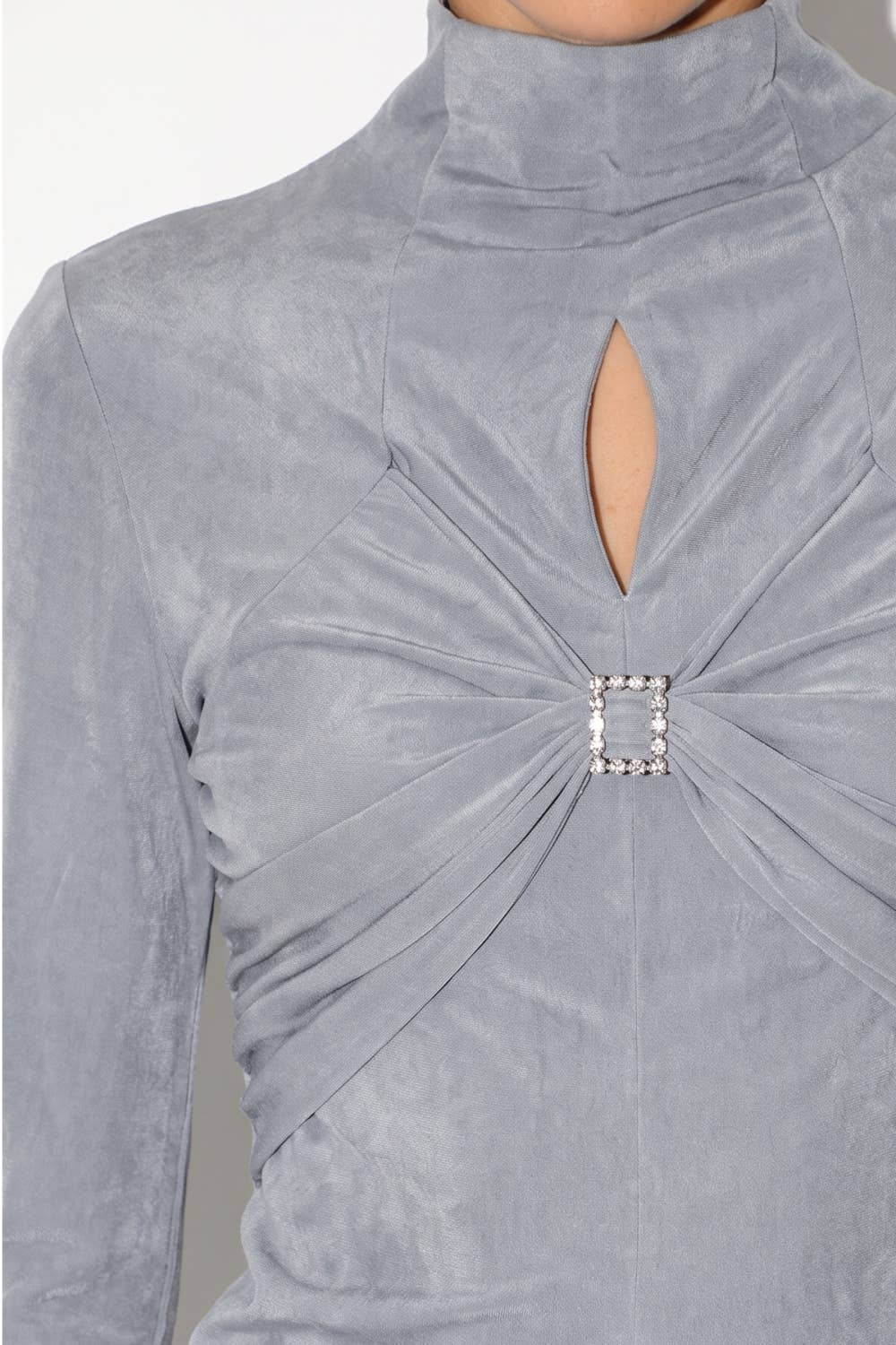 Crystal Buckle Ruched Keyhole Top