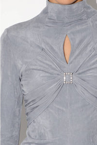 Crystal Buckle Ruched Keyhole Top