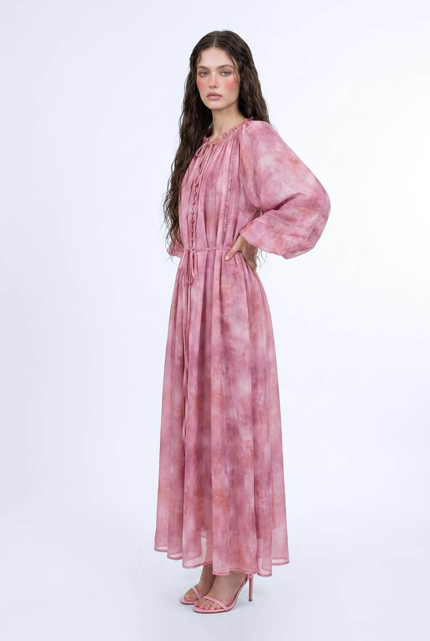 Abstract Print Lace-Trimmed Button-Front Maxi Dress