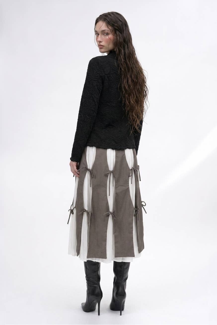 Cutout Panel Tie-Detail Pleated Midi Skirt