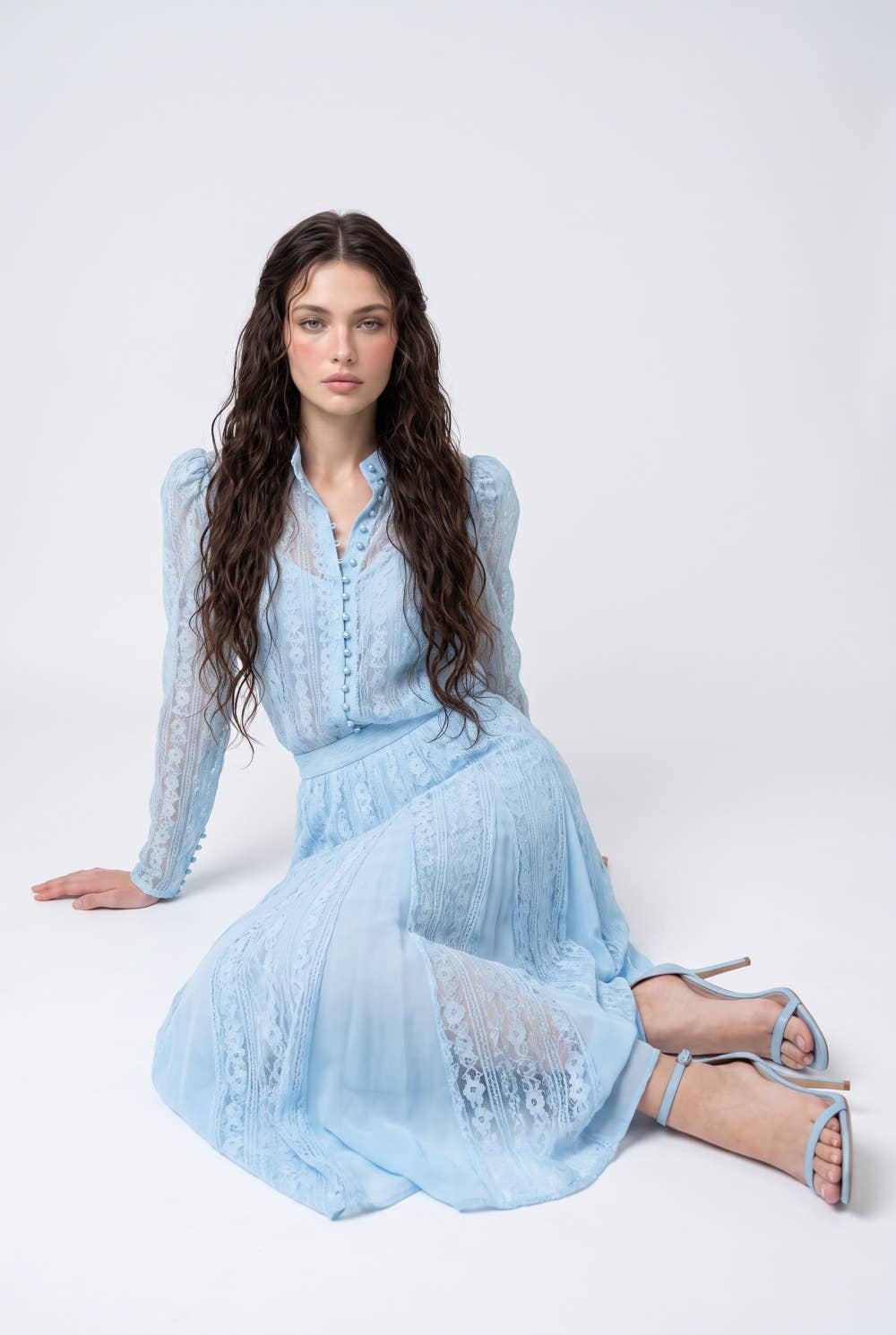 Lace Inset Button Front Blouse And Pleated Maxi Skirt Set