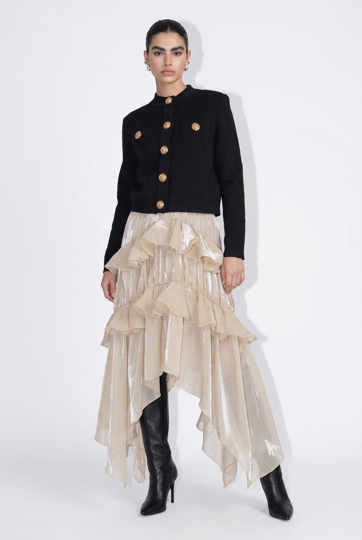 Diamond Textured Knit Metallic Button Jacket