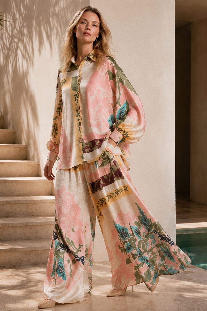 Daisy Multi-Print Satin Top & Pleated Pants Set - Shop Beulah Style