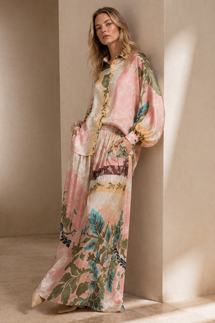 Daisy Multi-Print Satin Top & Pleated Pants Set - Shop Beulah Style