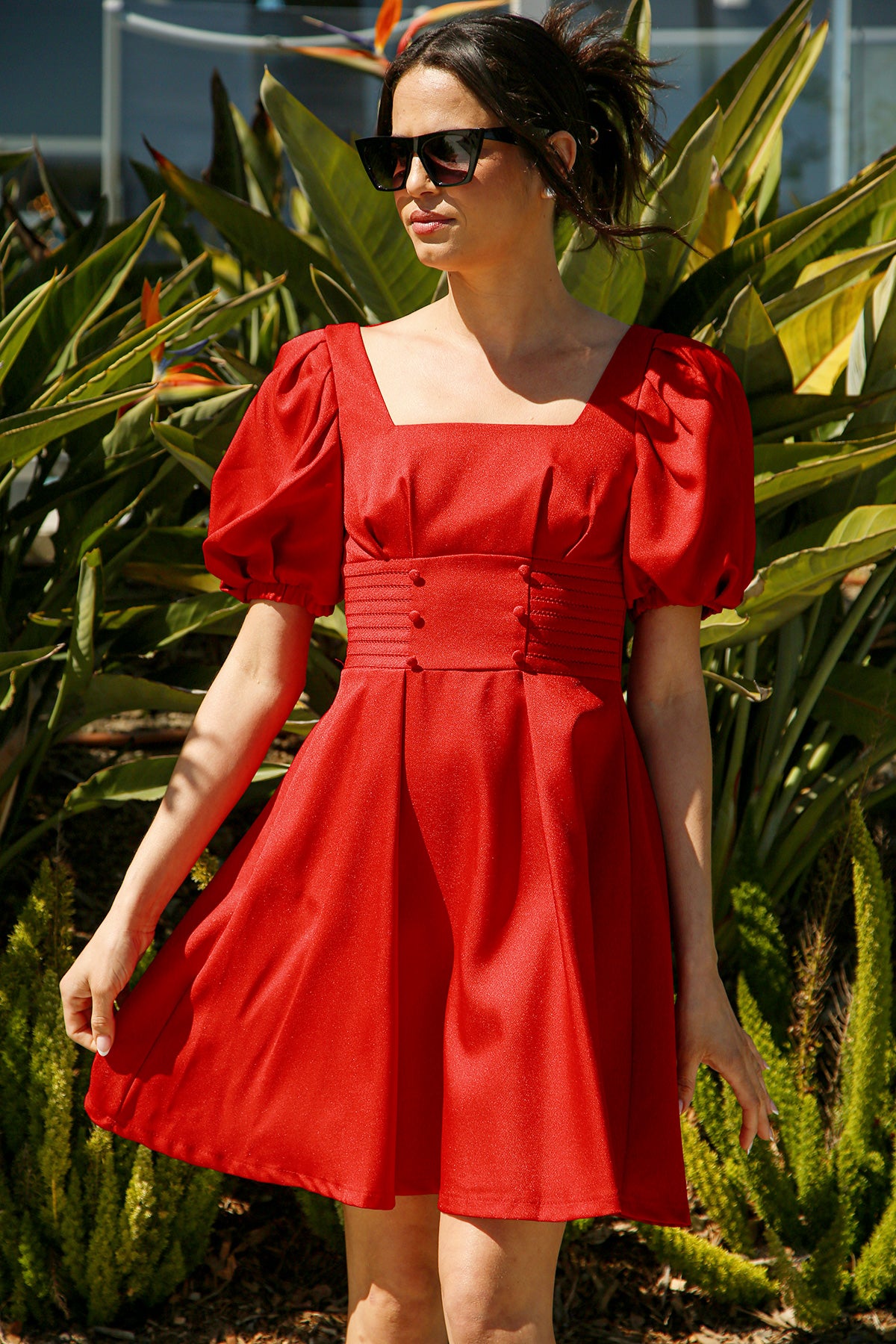 Barbara Smock Waist Belted Mini Dress S / RED Barbara Smock Waist Belted Mini Dress S / RED
