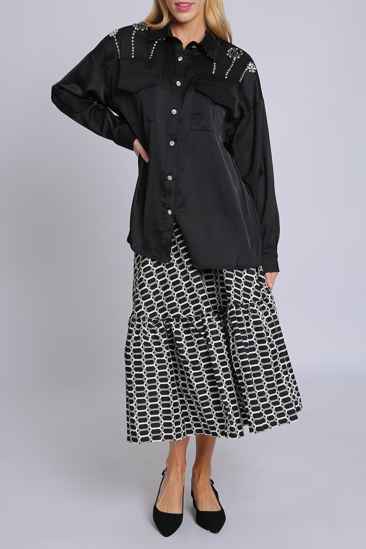 Craig Contrast Geometric Honeycomb Printed Midi Skirt - Shop Beulah Style