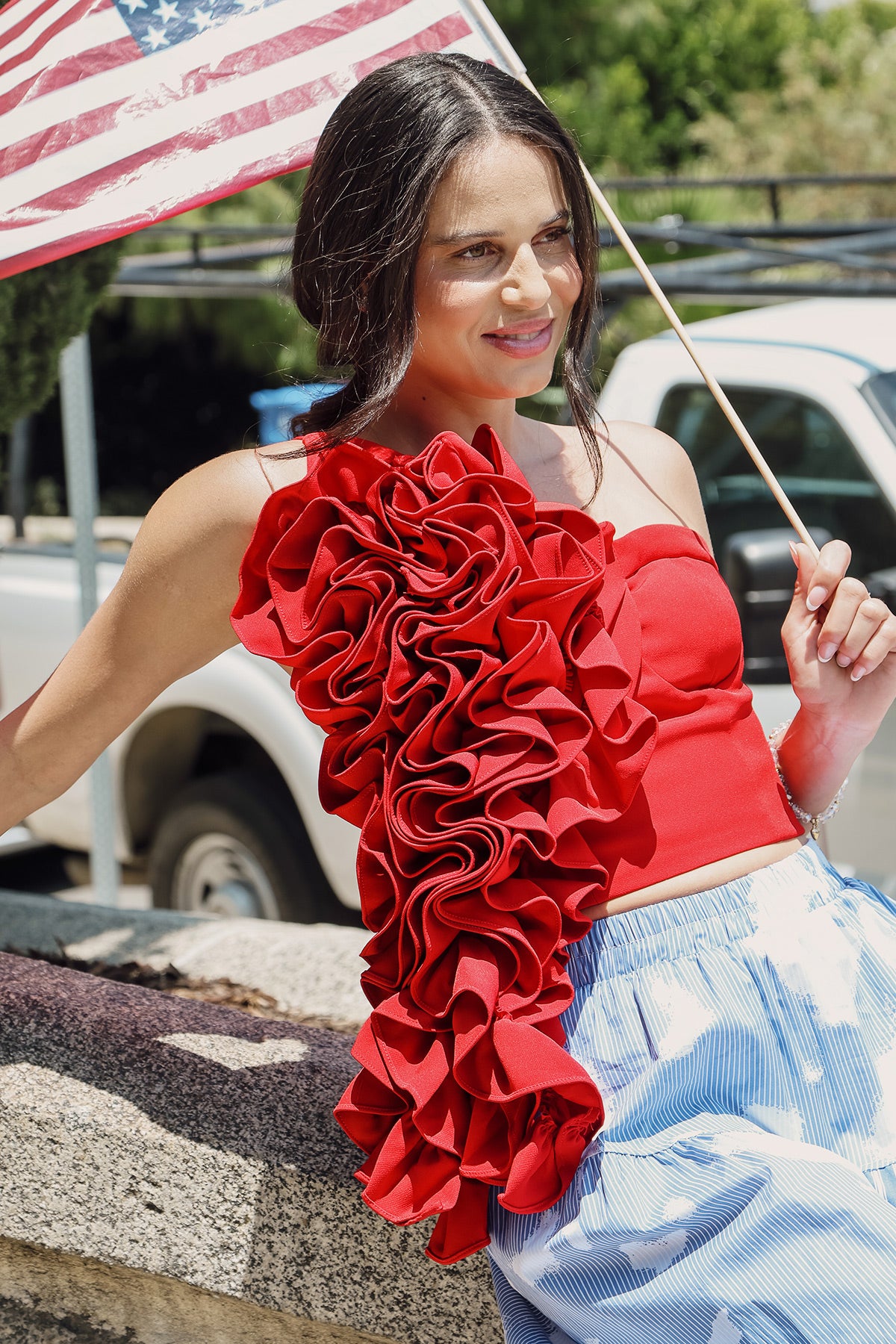 Teresa Volume Ruffled Applique Sweetheart Crop Top