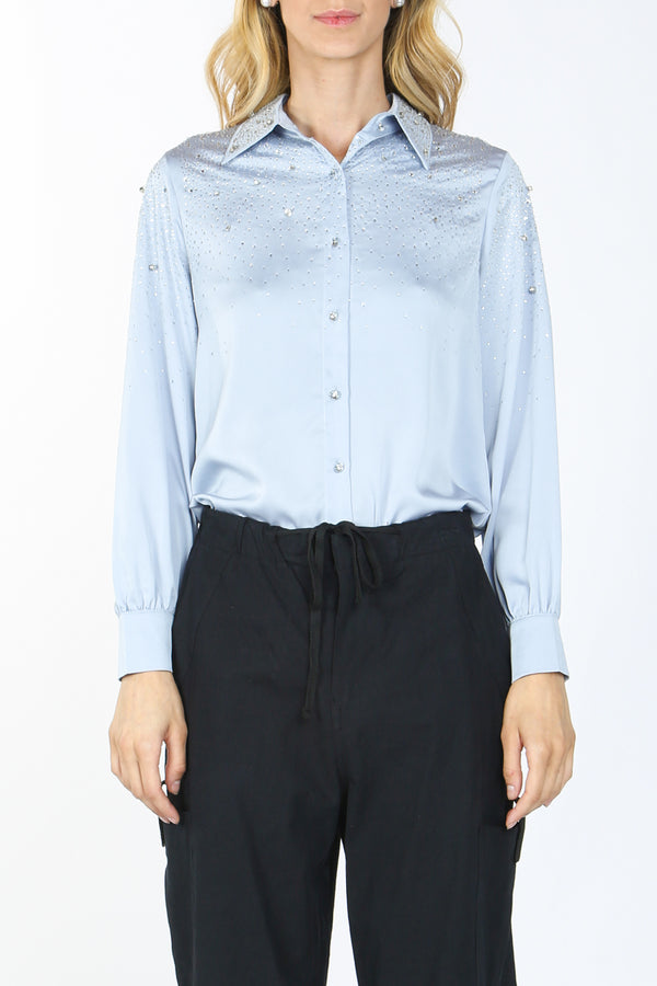 Kaia Sprinkled Rhinestone Satin Shirt - Shop Beulah Style