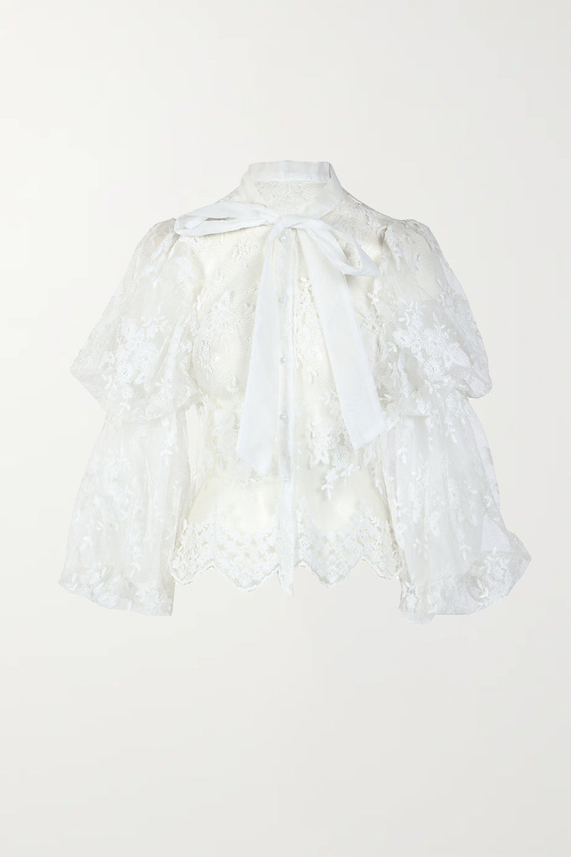 Raelyn Romantic Sheer Organza Lace Puff Sleeve Blouse - Shop Beulah Style