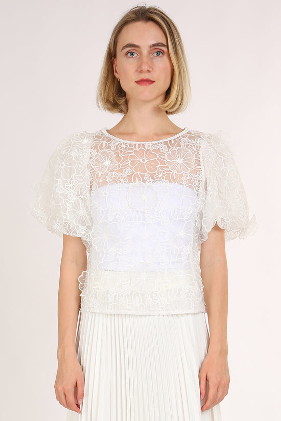 Sierra Organza Floral Lace Puff Sleeve Top
