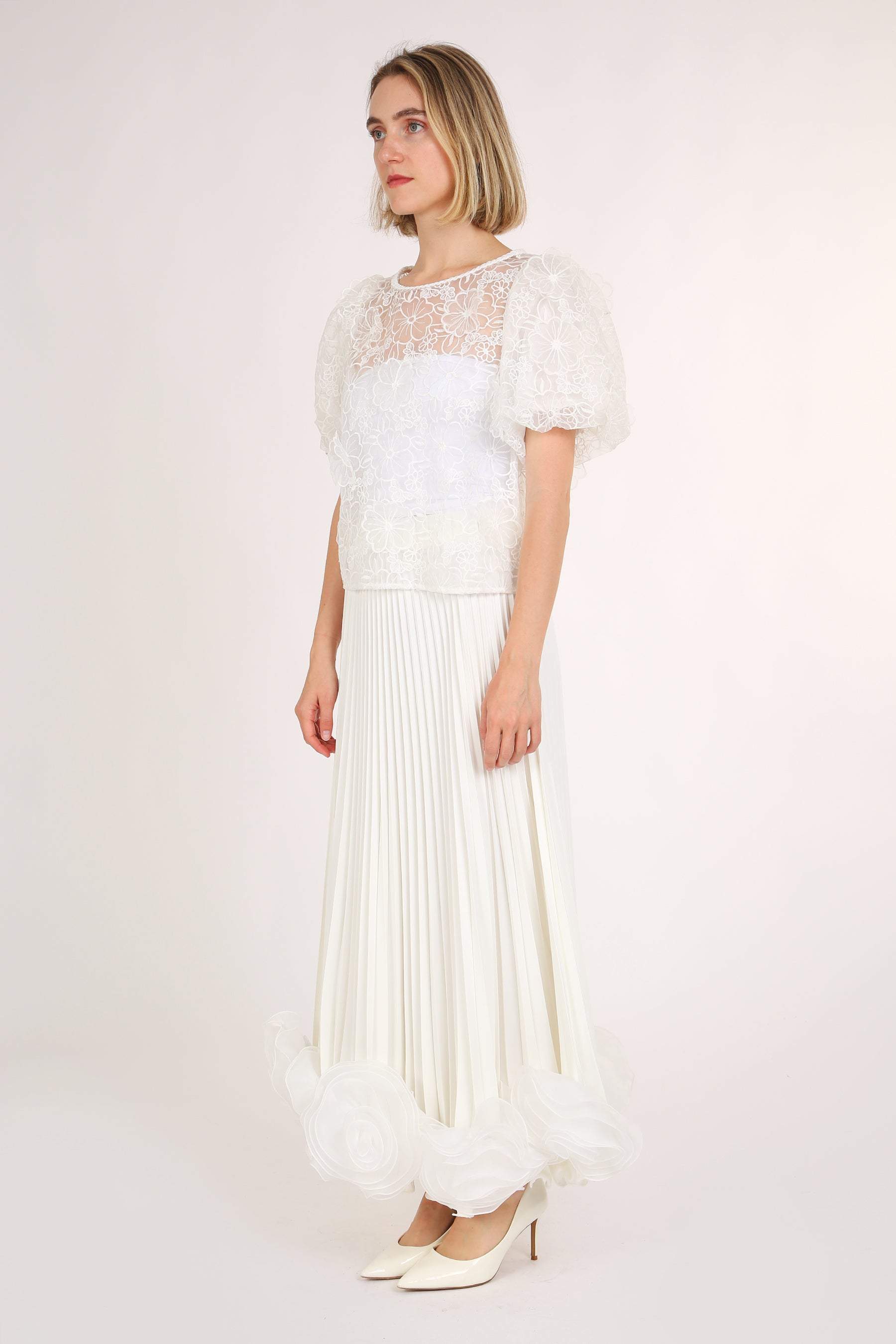 Sierra Organza Floral Lace Puff Sleeve Top