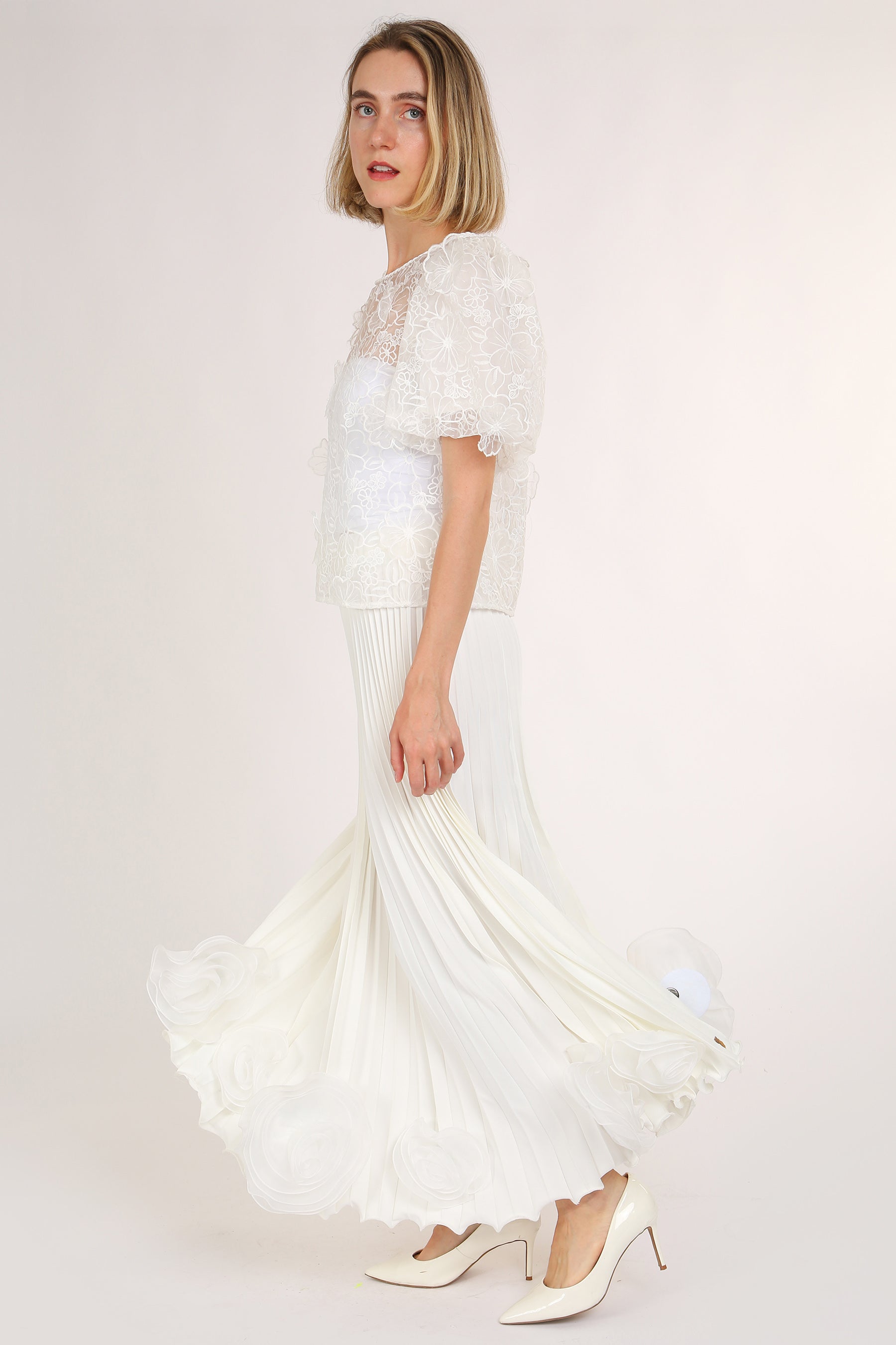 Sierra Organza Floral Lace Puff Sleeve Top