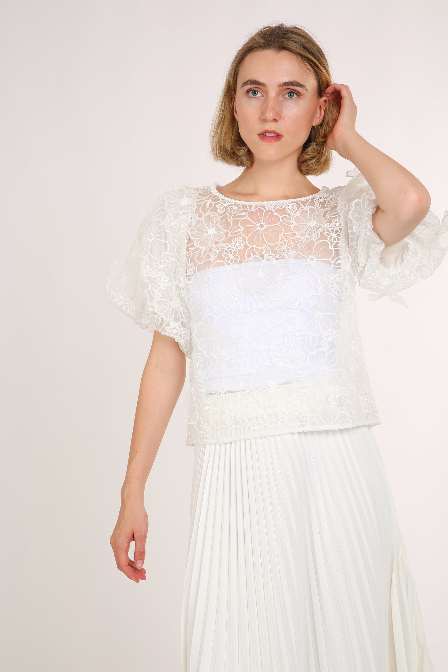 Sierra Organza Floral Lace Puff Sleeve Top
