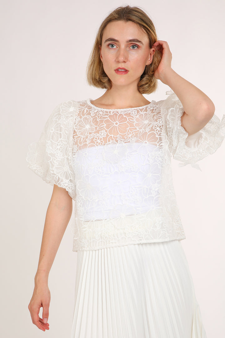 Sierra Organza Floral Lace Puff Sleeve Top