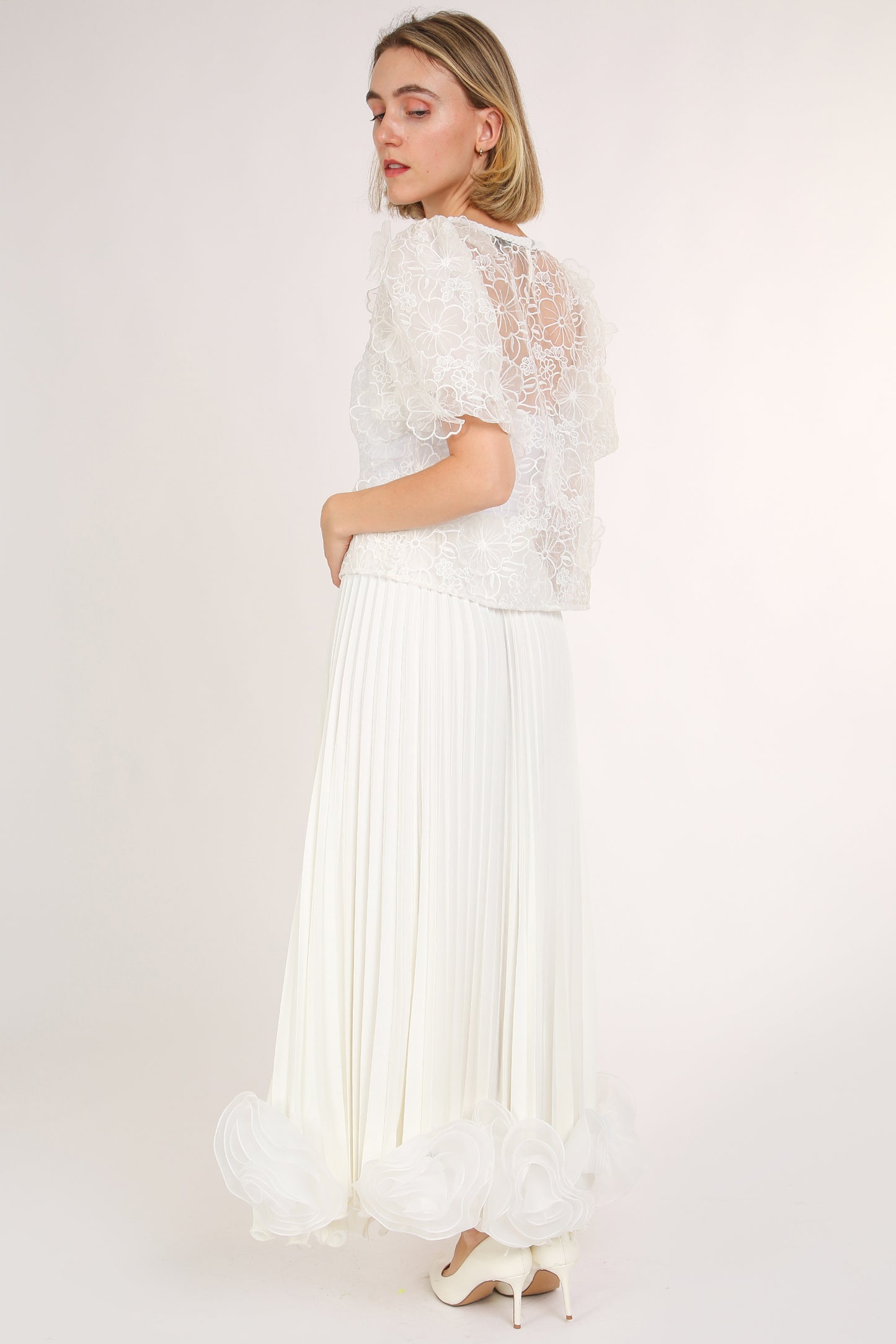 Sierra Organza Floral Lace Puff Sleeve Top
