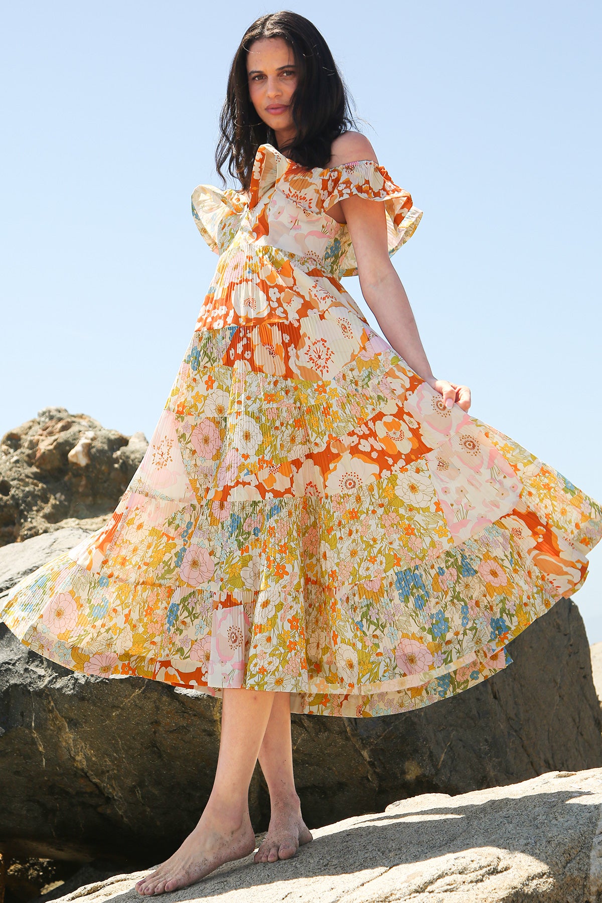 Melody Floral Print Tiered & Ruffled Pleats Midi Dress
