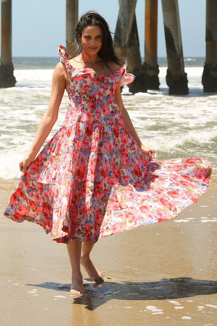 Melody Floral Print Tiered & Ruffled Pleats Midi Dress - Shop Beulah Style