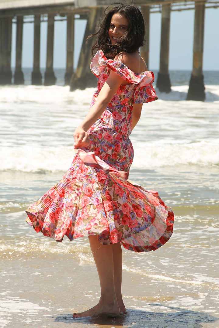 Melody Floral Print Tiered & Ruffled Pleats Midi Dress