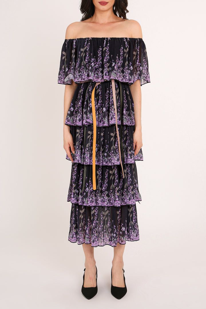 Eden Off Shoulder Floral Print Tiered Pleats Maxi Dress - Shop Beulah Style